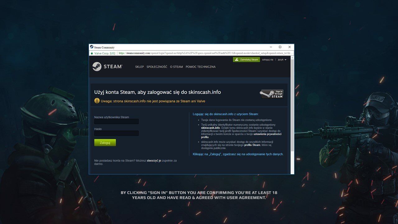 Fałszywa strona logowania do Steam